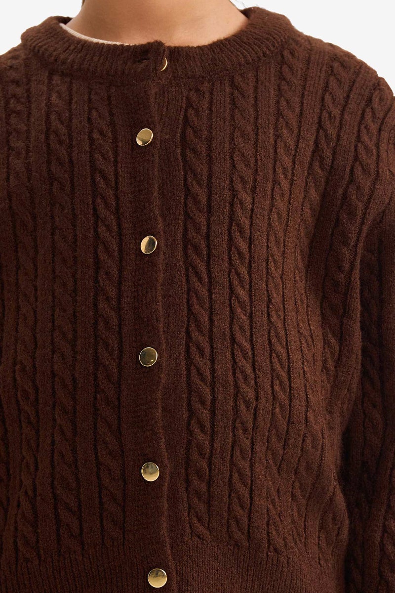 DeFacto Brown Girl Girl Crew Neck Knit Cardigan Casual - Image 4